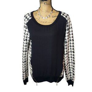 Bobeau Womens L Long Sleeve Zippers Black Cream Houndstooth Top Chic Preppy